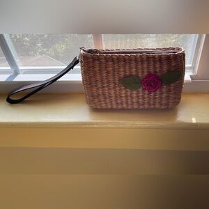 Woven Straw Tan Bag with Pink Floral Accent